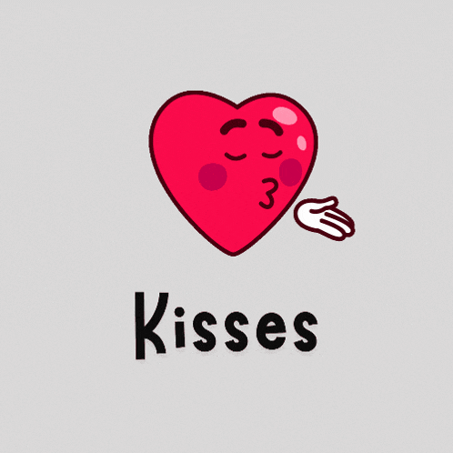 a red heart with a face blowing a kiss and the word kisses below it