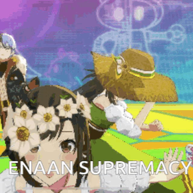 a girl with flowers in her hair and the words enaan supremacy below her
