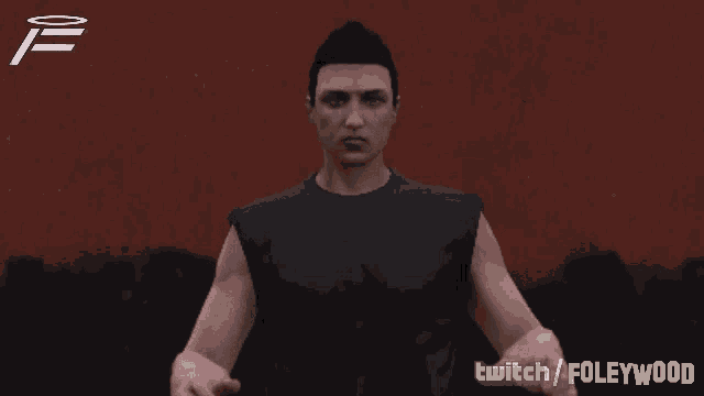 a man in a black shirt is standing in front of a red wall with the words twitch / foleywood on the bottom