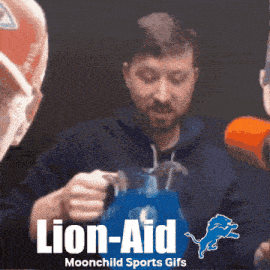 a lion-aid sports gif with a man holding a pitcher and a detroit lions logo