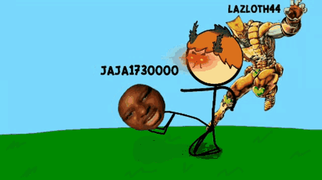 a cartoon drawing of a man kicking another man 's head with the name lazloth44 on the bottom