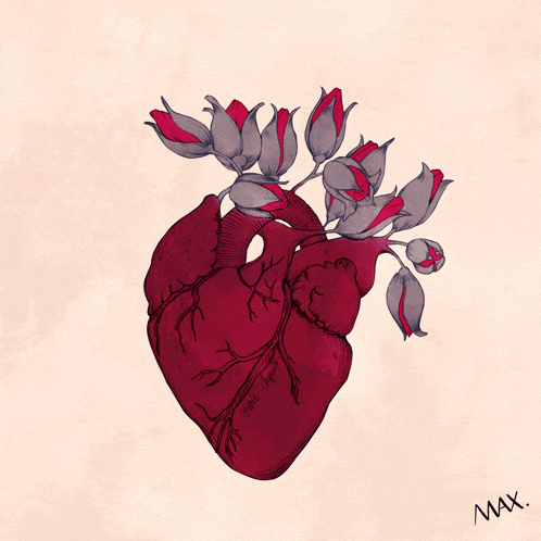 a drawing of a heart with flowers coming out of it and the letters mx below it