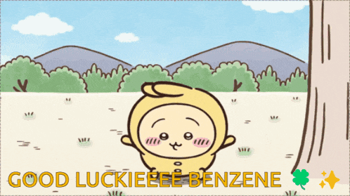 a cartoon character with the words " good luckieeee benzene "