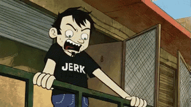 a cartoon boy is standing on a balcony wearing a black shirt that says jerk .