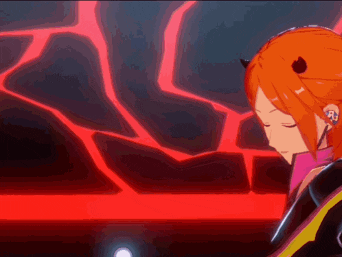 a girl with orange hair and horns is standing in front of a red background in a video game .