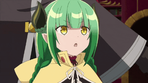 a girl with green hair and yellow eyes is wearing a cape