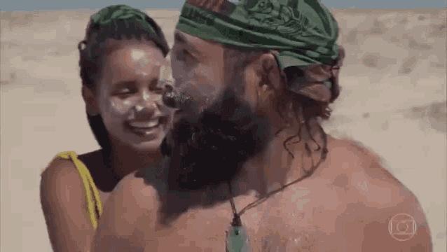 a man with a beard and a woman with a bandana on their head are standing on a beach .