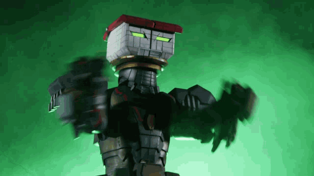 a robot with a red roof and green eyes is standing in front of a green background