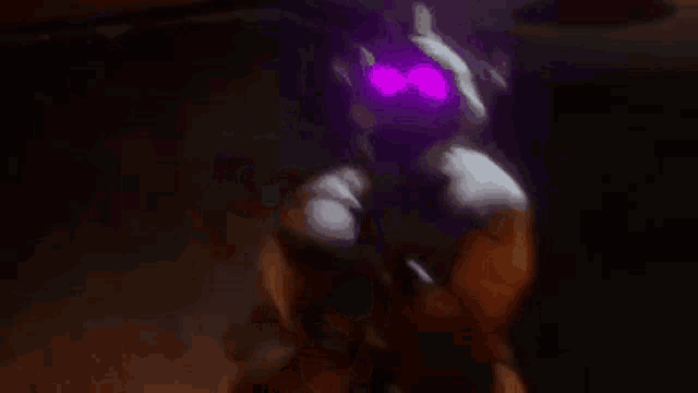a cartoon character with purple eyes is standing in the dark with a purple light behind him .