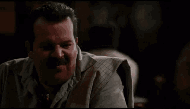 a man with a mustache is sitting at a table in a dark room and saying in english exactly .