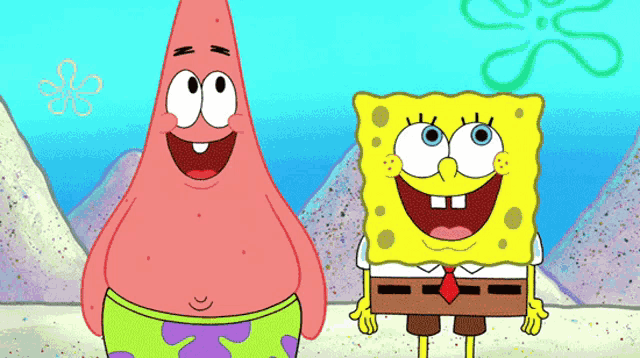 patrick star and spongebob are standing next to each other and smiling