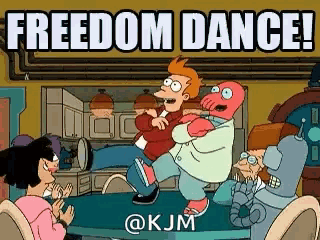 a group of cartoon characters are dancing around a table with the words `` freedom dance '' above them .