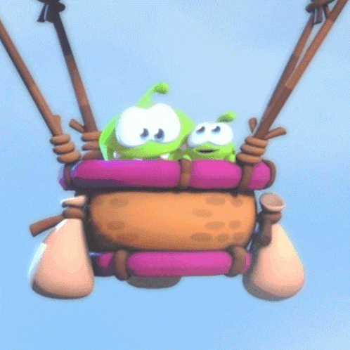 a couple of cartoon characters flying in a hot air balloon