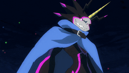 a drawing of a monster with a blue cape