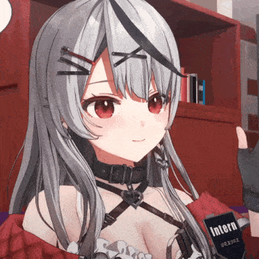 a girl with gray hair and red eyes is holding a book that says intern