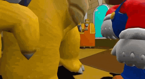 a close up of a video game character standing next to a yellow monster .