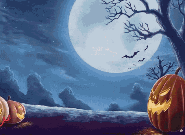 a painting of halloween pumpkins with bats flying in the sky