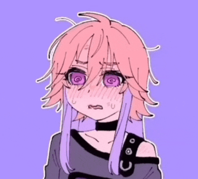 a drawing of a girl with pink and purple hair and purple eyes .