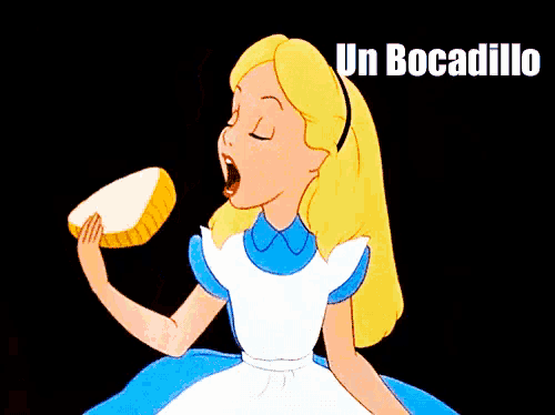 alice from alice in wonderland drinking a slice of bread