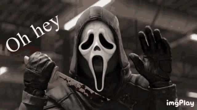 a person with a scream mask holding a bloody knife with the words oh hey above them