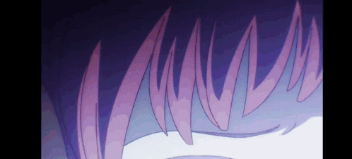 a close up of a person 's face with purple hair and a purple background