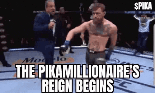 a man without a shirt is standing in a boxing ring while a referee stands behind him .