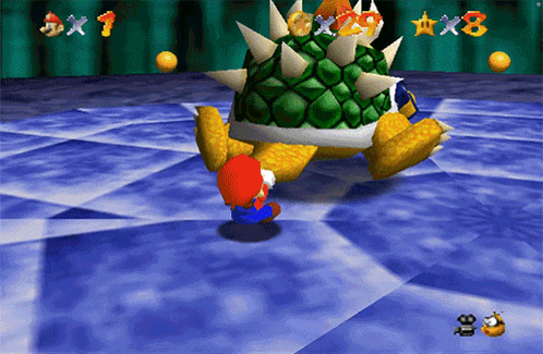 a video game where mario is fighting a giant turtle with spikes