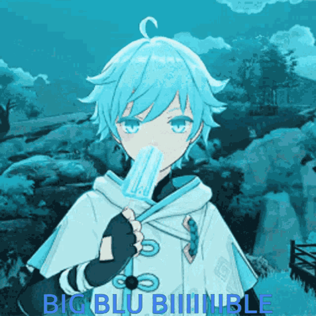 a boy with blue hair is holding a popsicle and the words big blu biiiiiinble are visible