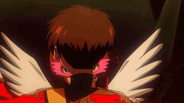 a close up of a person with wings and a mask on