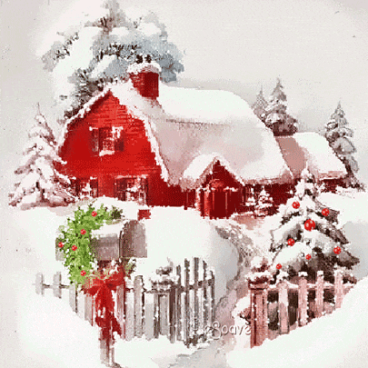 a painting of a red house covered in snow with a christmas tree in front of it