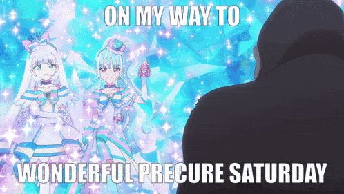 on my way to wonderful precure saturday is written on a blue background