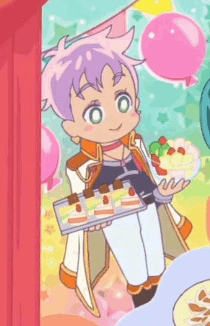 a cartoon character with purple hair is holding a plate of food