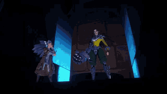 a cartoon character with a robotic arm standing next to another character with wings