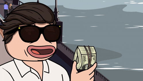 a cartoon of a man wearing sunglasses holding a stack of 100 dollar bills