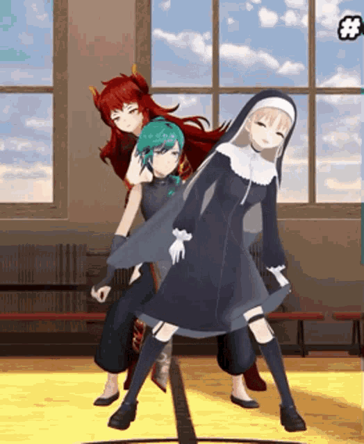 a nun and a demon are posing for a photo