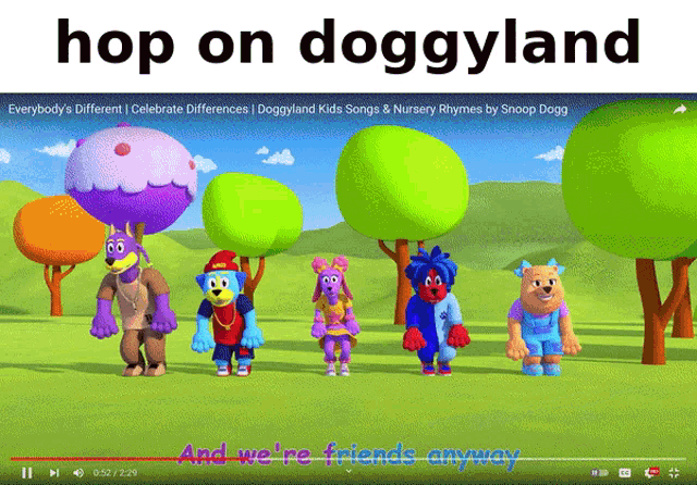 a youtube video titled hop on doggyland shows a group of cartoon characters