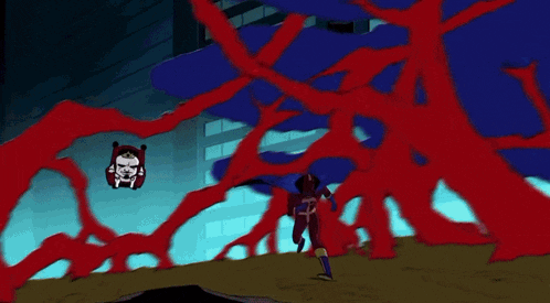 a cartoon character with an angry face is standing in a forest