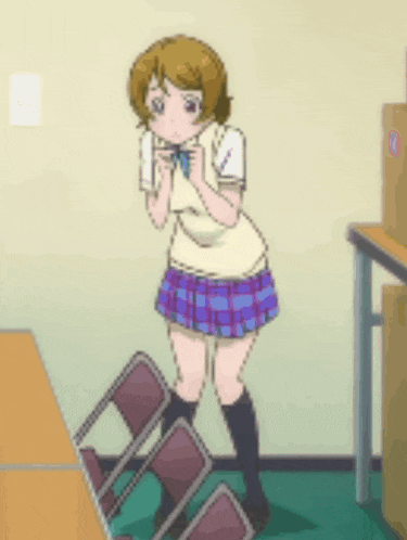 a girl in a plaid skirt is standing next to a pile of chairs .