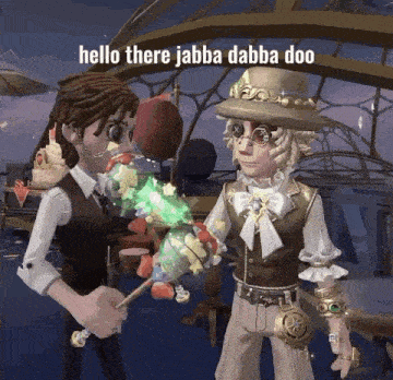 two cartoon characters are standing next to each other and one of them is holding a candy cane .