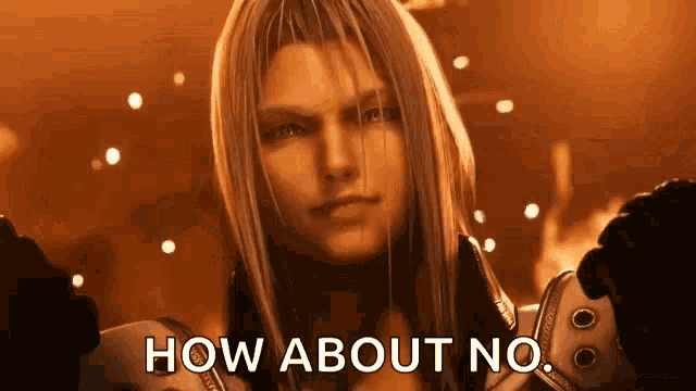 a man with long hair is standing in front of a fire with the words `` how about no '' .
