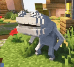 a minecraft frog is standing in the grass with its mouth open
