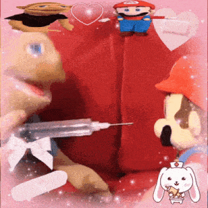 a person is holding a syringe in front of a stuffed mario .