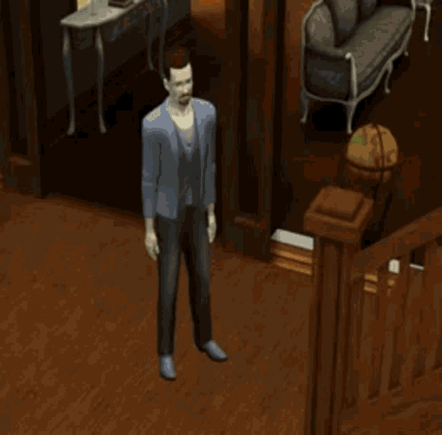 a video game character is dancing in a room with a couch in the background