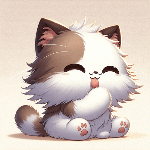a brown and white cat is licking its paw