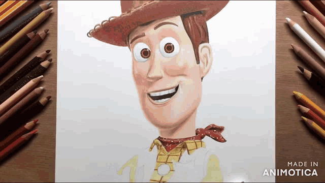 a drawing of woody from toy story sits on a table with colored pencils