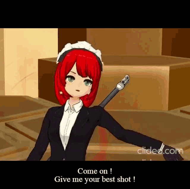 a girl with red hair and green eyes is holding a sword and saying come on give me your best shot