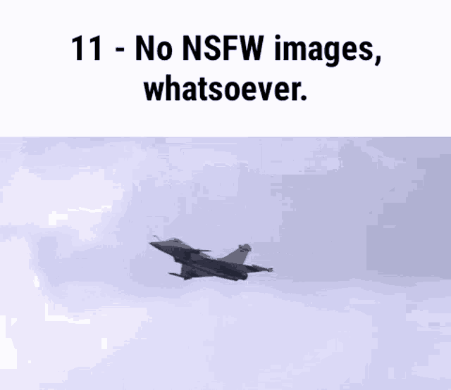 a fighter jet is flying in the sky with the words " no nsfw images whatsoever "