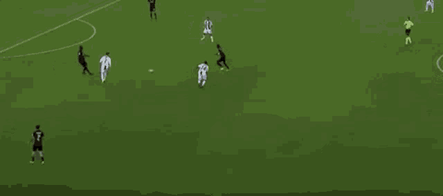 a group of soccer players are playing on a soccer field .
