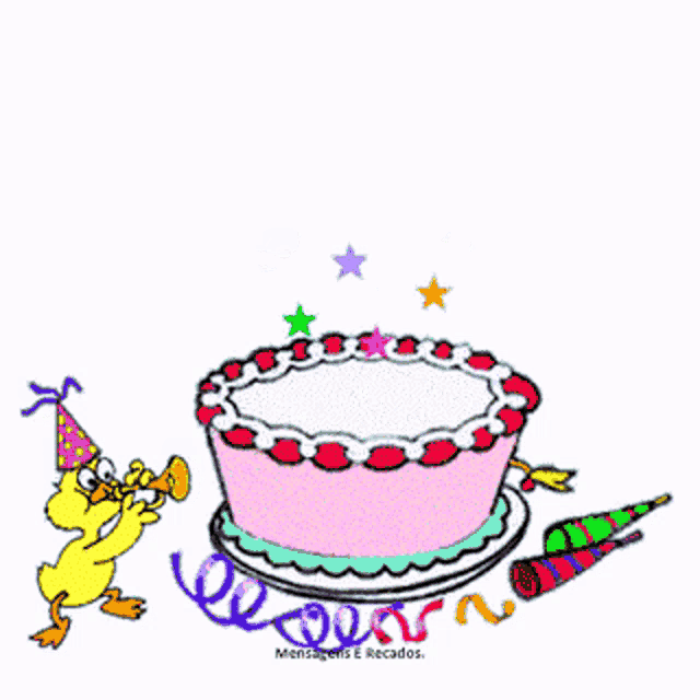 a cartoon of a cat sitting on top of a cake with the words feliz aniversario