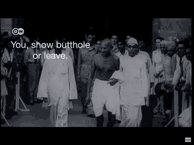 a black and white photo of a group of people with a caption that says you show butthole or leave